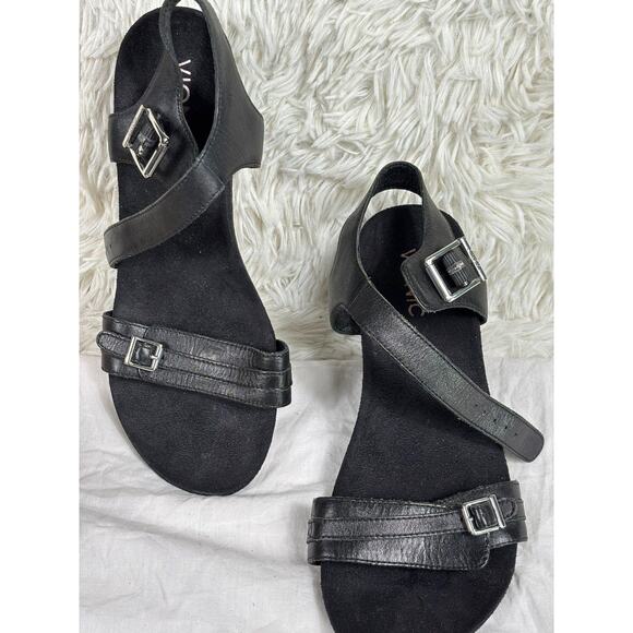 Vionic Sandals Womens Size 8 Black Laurie Wedge Leather Buckle Ankle Strap VS012 - Picture 1 of 8